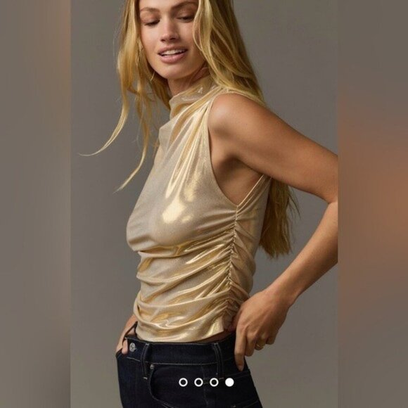 NWT Size S - Maeve Mock-Neck Ruched Shine Tank in Gold - Picture 1 of 13